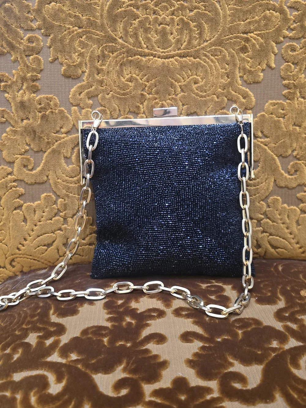 Sparkling Black Beaded Evening Clutch with Silver Chain